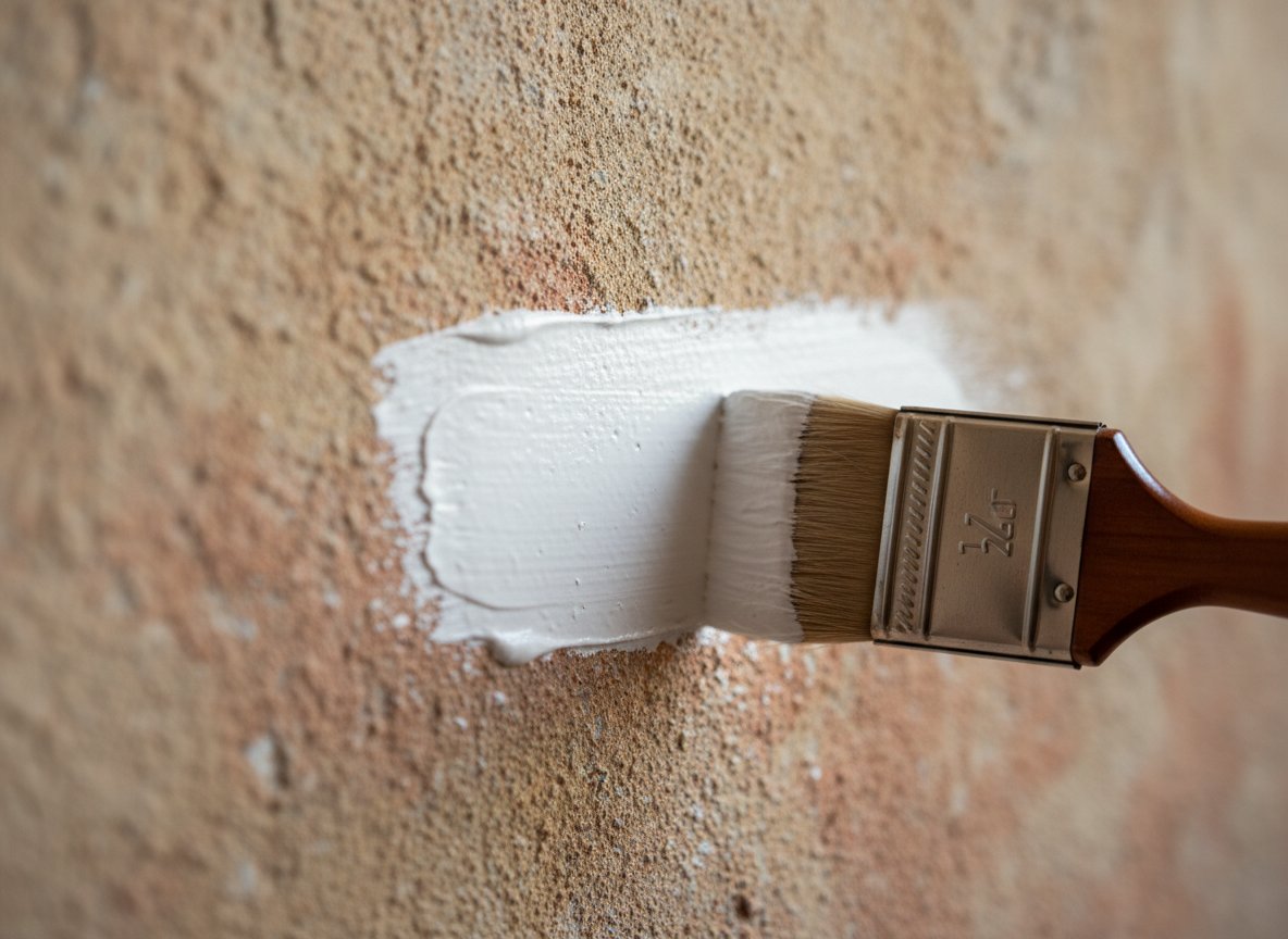 Pinsel mit weisser Farbe auf einer Wand