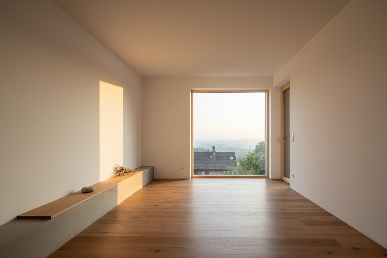 Frisch gestrichener Wohnraum mit Blick auf die Landschaft